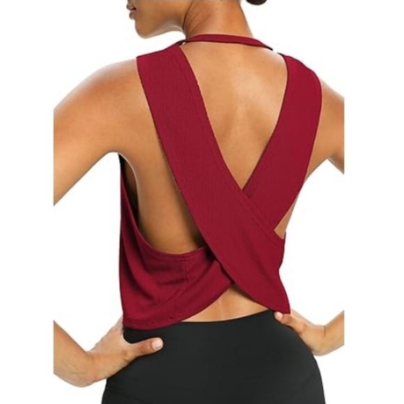 Bestisn Open Back Workout Cropped Loose Fit Ribbed Athletic Top Red - Picture 3 of 6